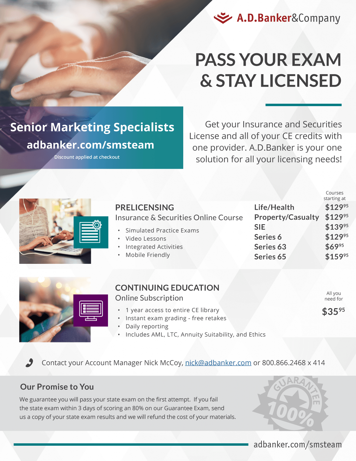 Ad Banker Licensing & Continuing Education Senior Marketing Specialists